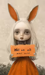 a close up of a doll holding a sign with the words we no all