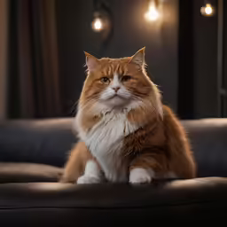 a brown and white cat sitting on the armrests of a couch