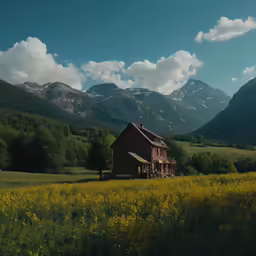 an old fashioned building in the middle of a valley