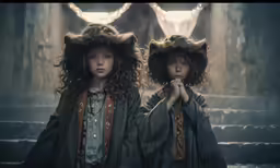 two people standing next to each other with hats on