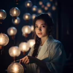 the young woman is using light strings to hang from her hands