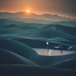 two cars on the road near a small lake