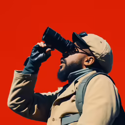 a man in a hat is taking a photo with his camera