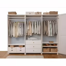 an open wardrobe that is holding clothing