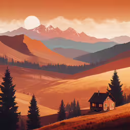 the house in the field is very beautiful,a painting of mountains and trees with a cabin at sunset