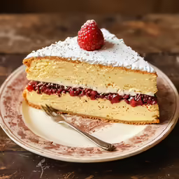 a plate topped with a layered cake covered in frosting and raspberries