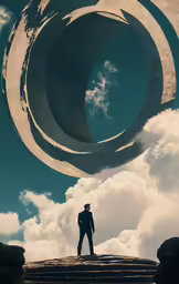 a man standing at the bottom of a staircase on top of some rocks