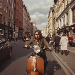 woman riding on the handle bars of a scooter in the middle of the street
