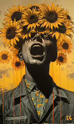 an image of a man shouting in front of flowers
