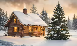 a log cabin nestled in the snow