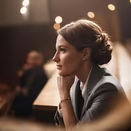 a woman sitting at a bench looking off to the side