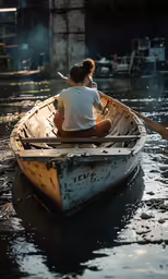 a woman is rowing a canoe in the water