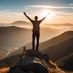 man standing on top of a mountain while arms outstretched