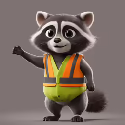 a racoon in an orange vest posing with his hands out