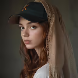 a woman in a baseball cap and shawl looks at the camera