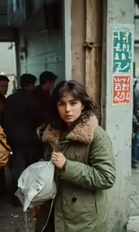 a girl is standing outside of an oriental building