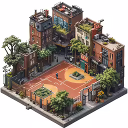 a stylized model of an old school style apartment building with the basketball court painted orange