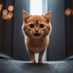 a ginger cat stares into the camera as it sits in front of the window