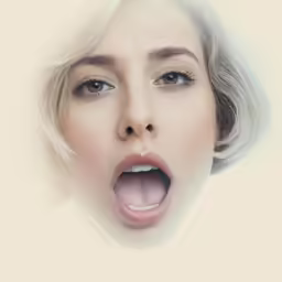 a woman is making an open mouth on a white background