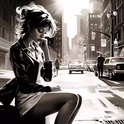 woman in black and white suit sitting on city block,a black and white photograph of a woman sitting on a ledge in a street