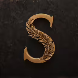 an antique gold letter s with a feather