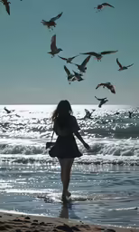 a girl standing on a beach next to birds