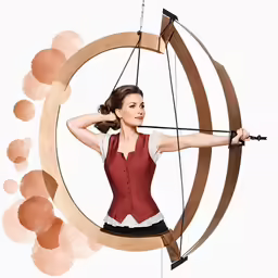 the woman is posing in front of a circle with an arrow