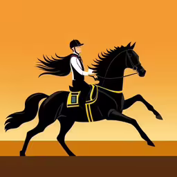a horse that is in the middle of an orange sky,a person riding on the back of a horse