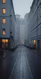 an empty street with buildings during a rain storm
