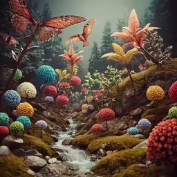 many balls of colors sit on the rocks by a river