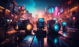 three spotlights and some buildings in the city