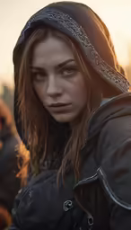 the woman in the hooded jacket looks at something