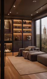 a living room has book shelves with books, a chair and fireplace