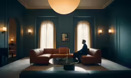 the man in the suit is sitting on a leather couch