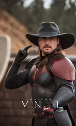 a man in leather and hat pointing at the camera
