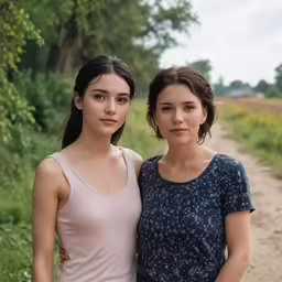 two young women standing next to each other in the woods