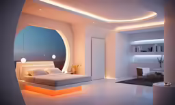 a circular bed sitting in a bedroom next to a table