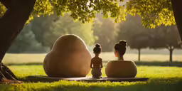 two kids sitting on large rocks in front of trees