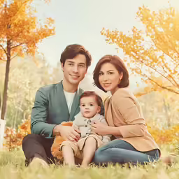 the woman and man are sitting in a field with a baby