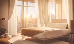 a bedroom with a bed sitting underneath a large window