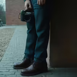 a man with a camera stands on brick pavement