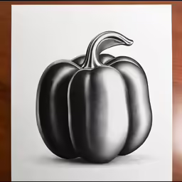 a black and white drawing of a pepper on a table