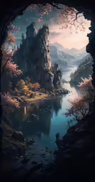 an asian landscape painting with mountains, lakes, and a lake