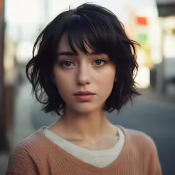a young woman with wavy hair looking to her right