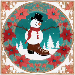 a snowman with snow shoes and poinsettis,a snowman with boots is holding branches and a poinsetti