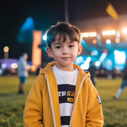a small boy is wearing a yellow hooded jacket