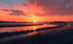the sun is setting on the horizon over the marsh