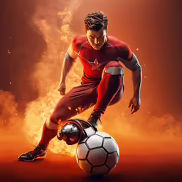 a man with a soccer ball in his hand on fire