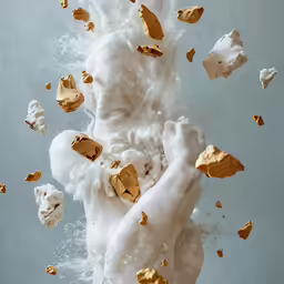 gold and white sculptures in the water are being splashed