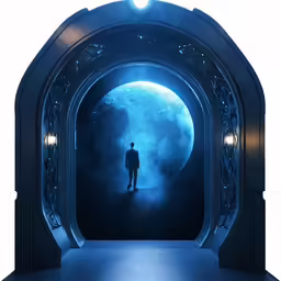 man in a suit in front of a big doorway